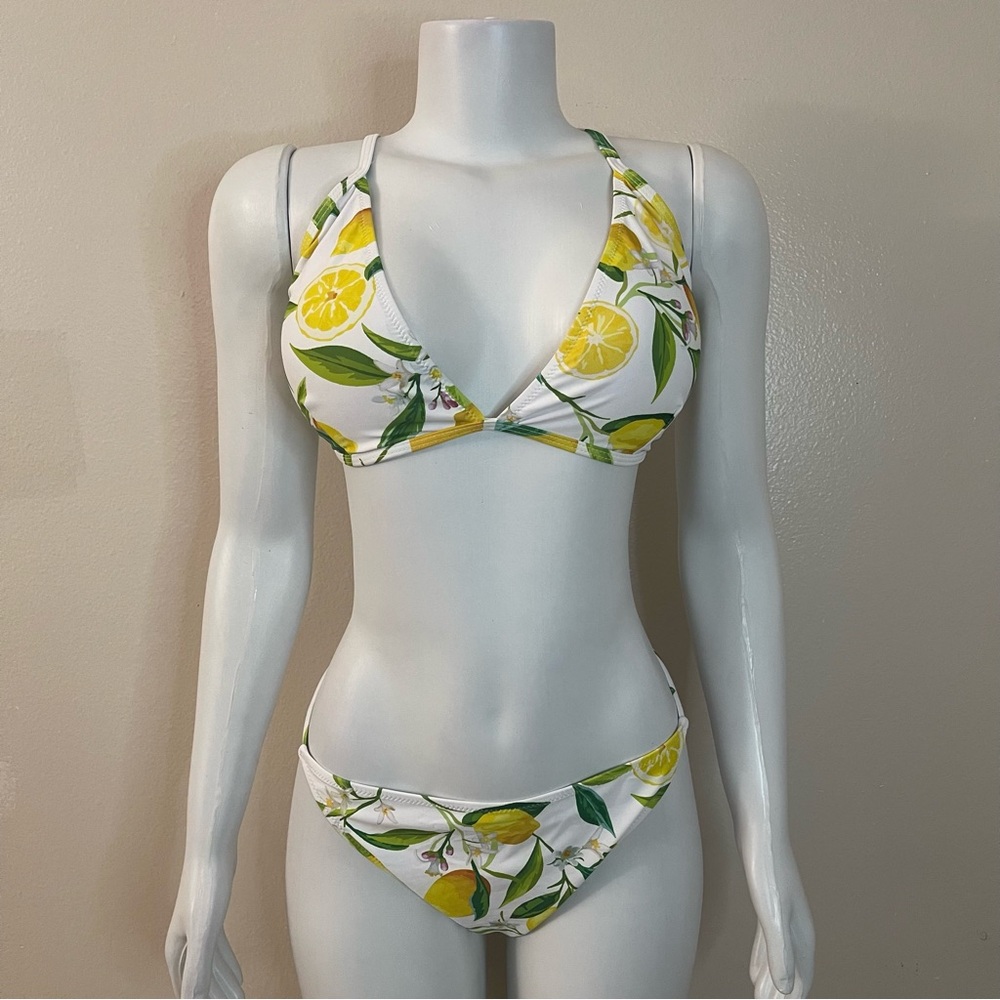 Summer white green lemon print top and bikini bottom two piece set